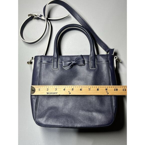 Talbots Crossbody Leather Tote Shoulder Bag Navy Blue Handbag Purse Bow Zip Top - Picture 6 of 9